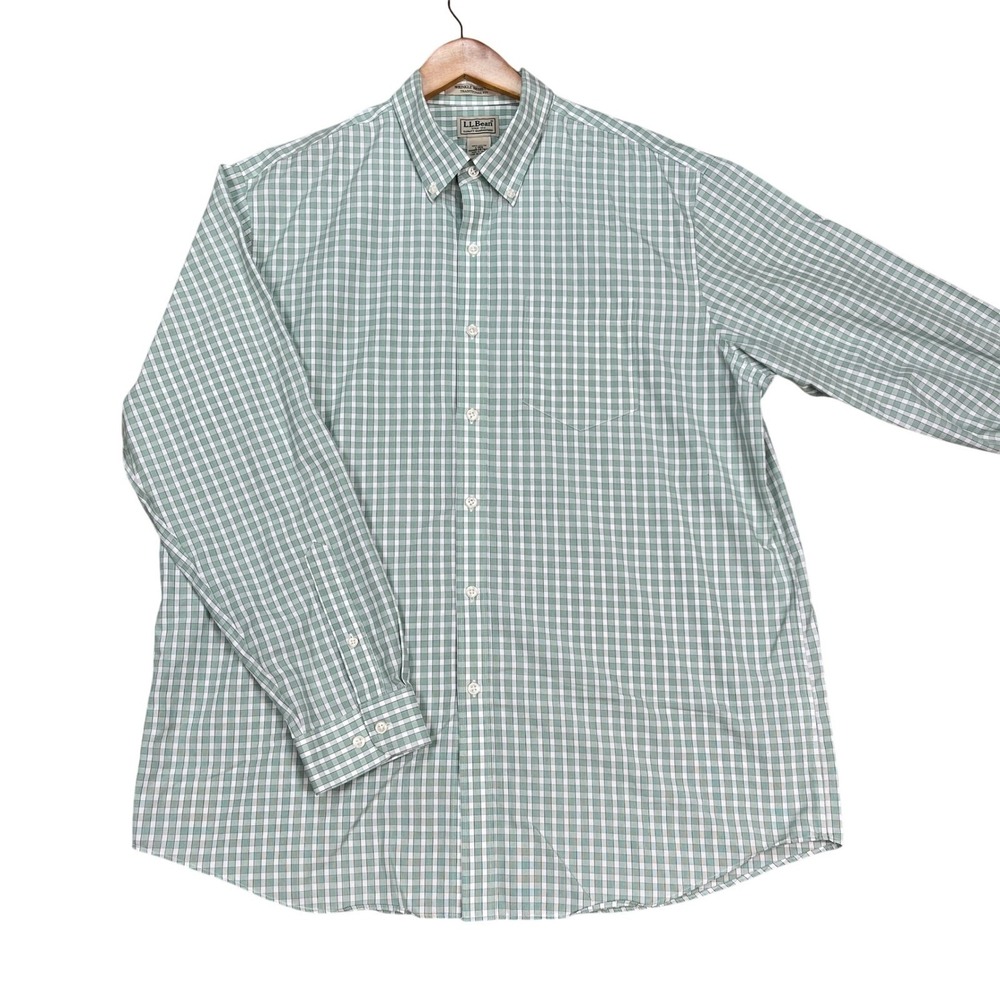 L.L. Bean Button Down Shirt Mens Large Green White Plaid Check Long Sleeve EUC